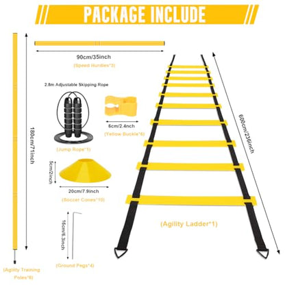 Agility Training Set: 3 Adjustable Speed Hurdles, 6 Agility Poles, 1 Agility Ladder, 12 Soccer Cones & Jump Rope, Multi-Function Soccer Training Equipment for Athletes, Amateurs, Youth
