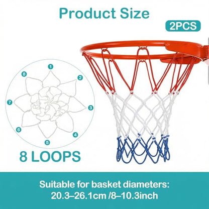 2Pack 8 Loops Mini Basketball Net Replacement, Heavy-Duty Nylon Little Small Basketball Net for Indoor Door Room Walls 8"-10.25" Hoop