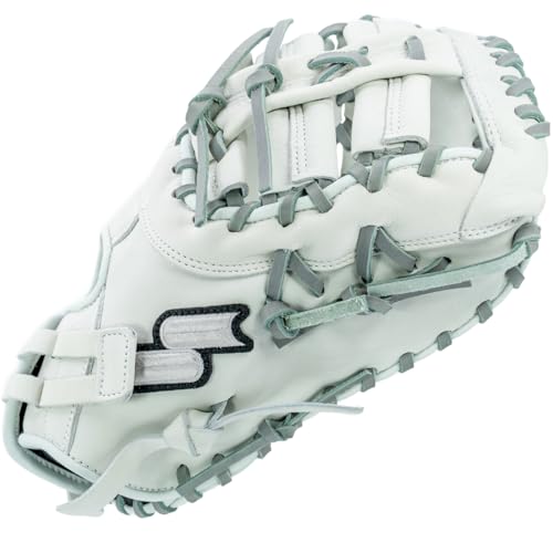 SSK FP5 Fastpitch Softball First Base Mitt 12.5” – 13” Right & Left Hand Throw Premium Full Leather Softball Glove - color: White/Grey, size: 13" - Left Hand Throw