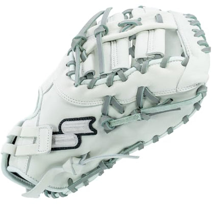 SSK FP5 Fastpitch Softball First Base Mitt 12.5” – 13” Right & Left Hand Throw Premium Full Leather Softball Glove - color: White/Grey, size: 13" - Left Hand Throw