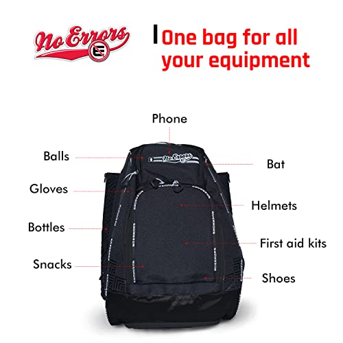 No Errors Sports RBP Rookie Baseball and Softball Backpack - Youth Baseball and Softball Bat Bag with Fence Hooks - Baseball and Softball Equipment Bag for Kids