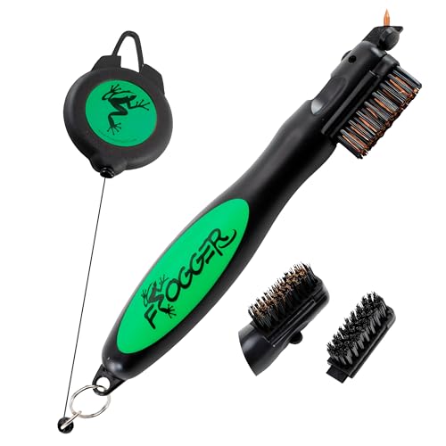Frogger BrushPro Golf Club Cleaner with Ergonomic Grip and 2.5 ft. Retractable Cord - Sturdy Golf Club Brush and Groove Cleaner for Golfers - color: Green