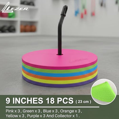 LEZER 9 Inch Flat Cones, Spot Markers, Soccer Cones, Field Court Markers, Sit Spots, Flat Discs, Soccer Training Equipment, Agility Practice, Football, Made in Taiwan - style: 9 inch with 18 pcs