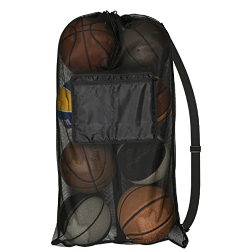 Cosmos Sports Ball Bag Mesh Equipment Bag Team Sports Drawstring Bag Large Mesh Net Bag, with Adjustable Strap & Front Pocket for Basketball, Volleyball, Soccer, Rugby, Water Sports and Beach Event