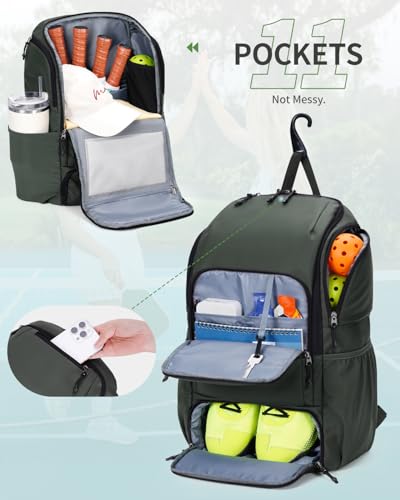 sportsnew Pickleball Bag Large Sports Pickleball Backpack with Shoe Compartment for Men Women, Patent Pending - color: Army Green