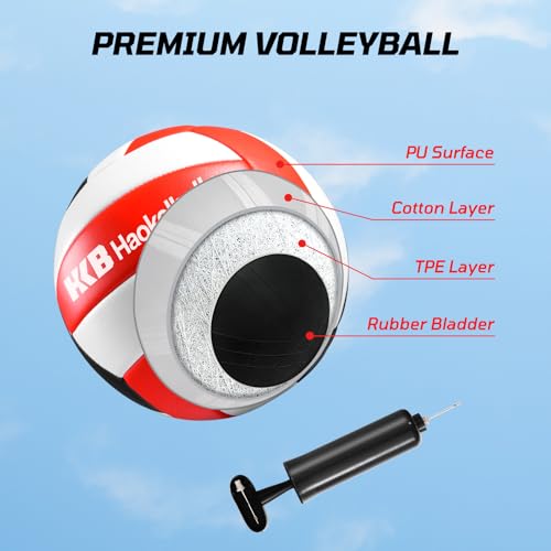 Haokelball Outdoor Volleyball Net Set for Backyard, 32FT Regulation, 3-Level Adjustable Height & Anti-Sag Tension System, Heavy Duty Thick Poles, Includes Volleyball, Pump, Boundary Line and Carry Bag