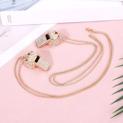 Tinoaly 2pcs Bling Whistle Crystal Rhinestone Necklace, Metal Golden Bling Loud Crisp Sound Whistle with Chain Lanyard for Referee Coach Teacher Sports Training