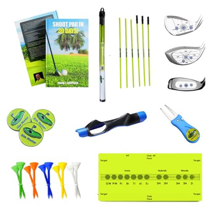 Complete Golf Training Kit with Alignment Sticks, Grip Trainer, Impact Stickers, Ball Markers, Tees, Training Aid, Repair Tool, Training Book, Yellow, ABS Plastic