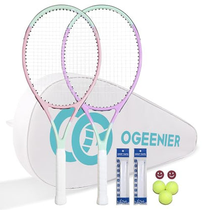 Tennis Rackets Set of 2 for Adults, 27 Inch Pre-Strung Beginners Lightweight Aluminum Tennis Racquet Set with Balls and Bag, Large Sweet Spot for Men Women