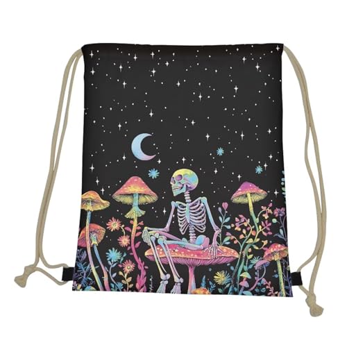 Mumeson Skeleton Mushroom Moon Star Drawstring Backpack Cool Travel Bag Sports Athletic Gym Sack for Women Men Girls Boys - color: Skeleton Mushroom Moon Star
