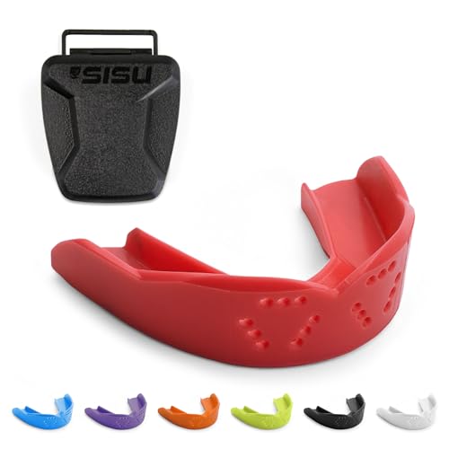 SISU 3D Mouthguard - Pre-Formed, Easy Fit Protection for Lacrosse, Football, Hockey, Team Sports - Remoldable Up to 20 Times - Non Toxic - color: Intense Red With Case, size: Adult (over 5' tall)