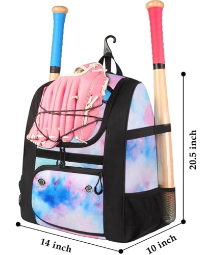 MATEIN Softball Bag, Lightweight Baseball Backpack with Shoe Compartment, Baseball Bag with Fence Hook for TBall Bat & Equipment, Softball Gifts Catchers Backpack for Women Fit Catcher’s Mitt, Helmet - color: Tie-dye