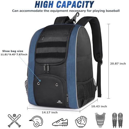 MATEIN Baseball Backpack, Lightweight Softball Bags with Shoes Compartment for Men, Large Capacity Baseball Bag Gifts for Adults with Fence Hook Hold 4 Tee Ball Bats, TBall Gear, Helmet