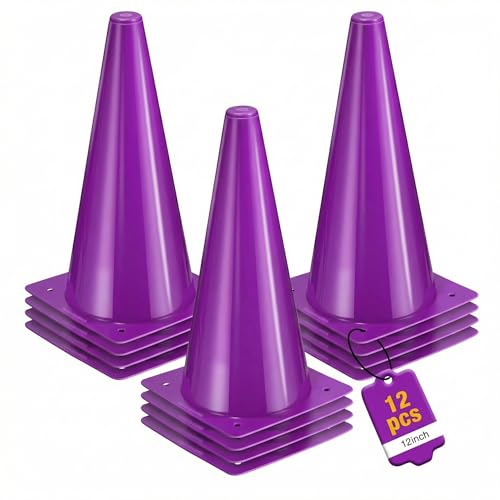 12 Inch Durable Cones,12pcs Versatile Plastic Traffic Cones and Soccer Cones for Sports Training,Agility Drills,Parking Safety,Basketball Training,Football Training. - color: purple