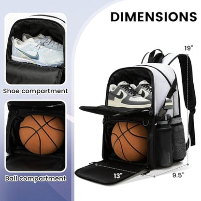 Basketball Bag Backpack with Ball Holder and Shoes Compartment,Best for Basketball, Soccer, Volleyball, Gym. (WHITE)