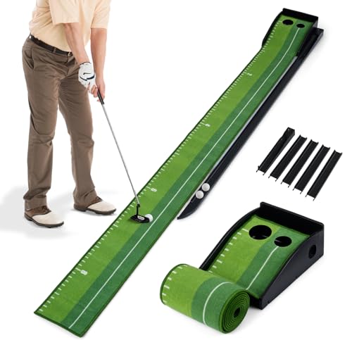 Tangkula Putting Green Indoor Golf Putting Mat with Auto Ball Return, 3 Putting Practice Balls, Alignment Markings, Non-Slip Base, Golf Training Aid for Home, Office & Outdoors