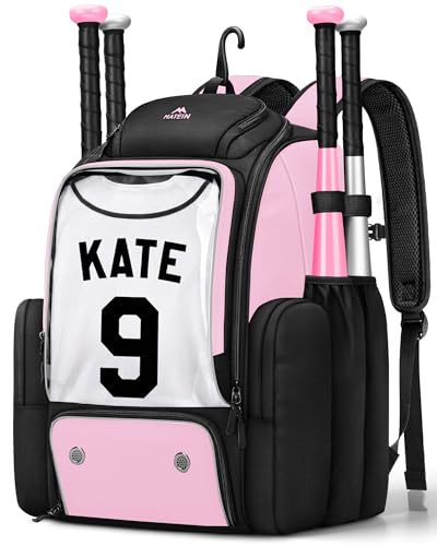 MATEIN PRO Softball Equipment Backpack with Clear Display Window & Folding Board, Large Capacity Baseball Bag with Separate Cleat Compartment & Side Cooler Pocket, Softball Gear Bag for Youth & Adult - color: Light Pink