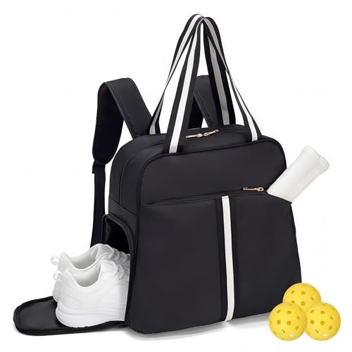 Pickleball Bag for Women Men, Large Pickleball Backpack with Shoe Compartment, Pickle Ball Bag with Paddle Cover Pocket Holds 2 Paddles - color: A-Striped Black