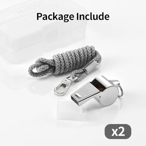 HUTOU Whistle 2 Packs Stainless Steel Coach Sports Whistle with Lanyard, Loud Crisp Sound Whistle Ideal for Coaches, Referees, and Official