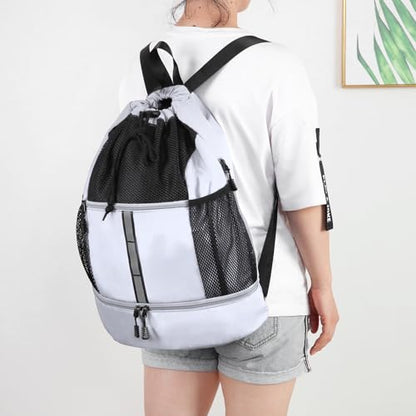 Valleycomfy Drawstring Gym Bag Sports Backpack With Shoe Compartment and Reflective Strips White - color: White