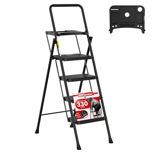 HBTower Step Ladder, Folding Step Stool with Wide Anti-Slip Pedal, Sturdy Steel Ladder, Convenient Handrail, Lightweight, Portable Steel Step Stool - color: Black, size: 4 Step Ladder