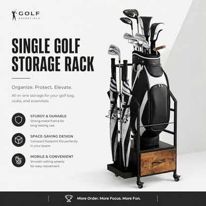 Golf Bag Organizer Rack with Wheels, Golf Storage Organizer for Garage,Golf Stand & Accessories,Brown Garage Organizer Fit Single Golf Bags