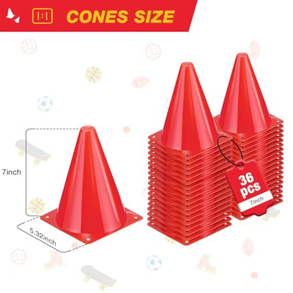 36pcs Cones 7 Inch Soccer Cones and Plastic Traffic Cones, Durable Cones for Sports Training, Ideal for Soccer, Basketball, Football, Skating, and Agility Drills Practice - color: red