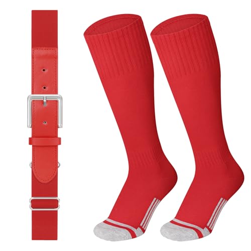 LEACOOLKEY Baseball Belt and Socks Combo Set Softball Soccer Socks and Elastic Belt for Youth and Adult - color: Red, size: Youth
