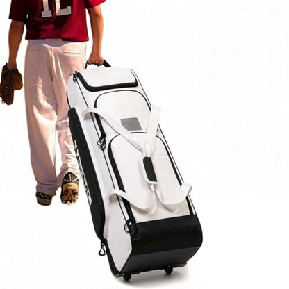 Baseball Bag with Wheels for 4 Bats,Soft Rolling Baseball Bag With Multi-Pockets, Fence Hook, Holds All Baseball Equipment. - color: White/Blk
