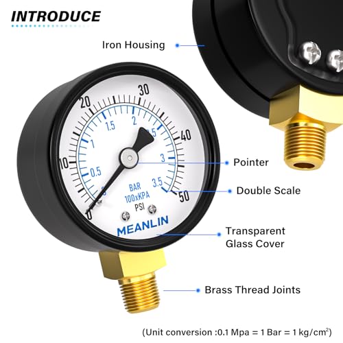 0-50Psi 2" DIAL FACE 1/8" NPT Well Pump Pressure Gauge, with 1/4" NPT and 3/8" NPT Hex Bushing, 3-2-3% Accuracy, Lower Mount - size: 0-50Psi, style: 1/8"NPT Lower Mount