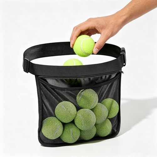 Tennis Ball Waist Bag with Inner Zipper Pocket, Mesh Waist Hip Bag for 8-10 Pickleballs/Tennis Balls, Adjustable Belt Carrier for Outdoor Sport Training, Portable Storage Pouch