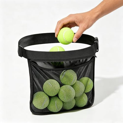Tennis Ball Waist Bag with Inner Zipper Pocket, Mesh Waist Hip Bag for 8-10 Pickleballs/Tennis Balls, Adjustable Belt Carrier for Outdoor Sport Training, Portable Storage Pouch