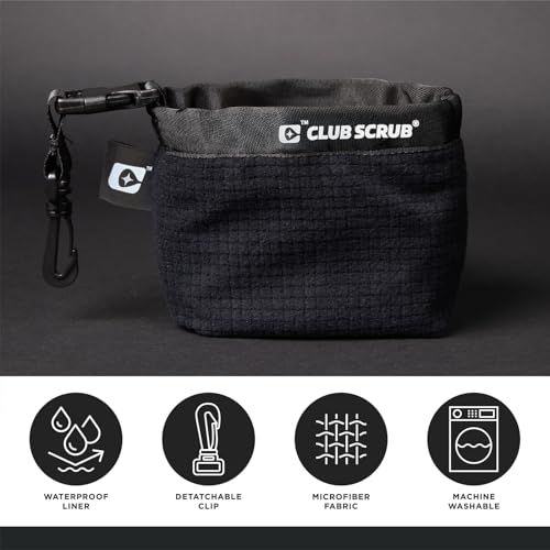 Club Scrub Golf Club and Golf Ball Cleaning Bag, Waterproof Clean Face Technology Liner, Detachable Clip, Machine Washable, Cleans Club Grooves, Dry Exterior (Neoprene or Microfiber Option Available) - color: Black, style: Microfiber Pro