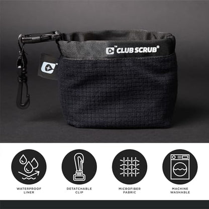 Club Scrub Golf Club and Golf Ball Cleaning Bag, Waterproof Clean Face Technology Liner, Detachable Clip, Machine Washable, Cleans Club Grooves, Dry Exterior (Neoprene or Microfiber Option Available) - color: Black, style: Microfiber Pro