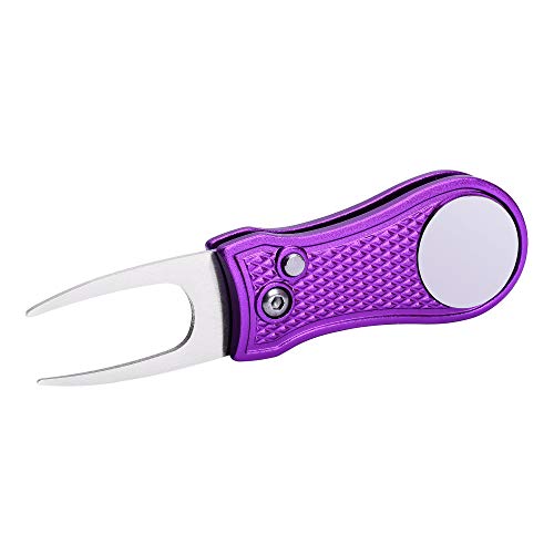 Mile High Life Golf Divot Repair Tool, All Metal Foldable Divot Tool with Pop-up Button & Magnetic Ball Marker - color: Purple Bone