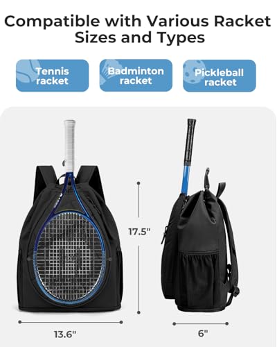 Drawstring Tennis Backpack, Puffer Tennis Racket Bag with Shoe Compartment & Wet Pocket Gym Bag for Women, Suitable for Pickleball Tennis Badminton - color: Black