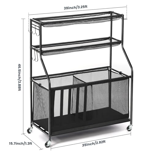 Kinghouse Garage Sports Equipment Organizer, Sports Rack with Hooks, with 37 Gal Ball Storage Bin, Elastic Straps Storage for Basketball, Soccer, Tennis, Stick, Racket, Nerf Gun, Toy, Indoor, Outdoor