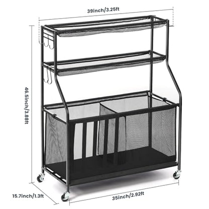 Kinghouse Garage Sports Equipment Organizer, Sports Rack with Hooks, with 37 Gal Ball Storage Bin, Elastic Straps Storage for Basketball, Soccer, Tennis, Stick, Racket, Nerf Gun, Toy, Indoor, Outdoor