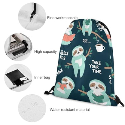 Travel Drawstring Backpack Theft Proof Cinch Sack Water Resistant Sackpack for Camping Hiking Outdoor Sports, Lazy Cute Sloths Bags - color: Picture (752)