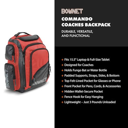 Bownet Commando Coaches Bat Bag – Baseball & Softball Backpack with Fungo Holder, 15.5” Laptop & Tablet Pocket, Large Gear Storage, Padded Straps, Youth & Adult, Scarlet - color: Scarlet