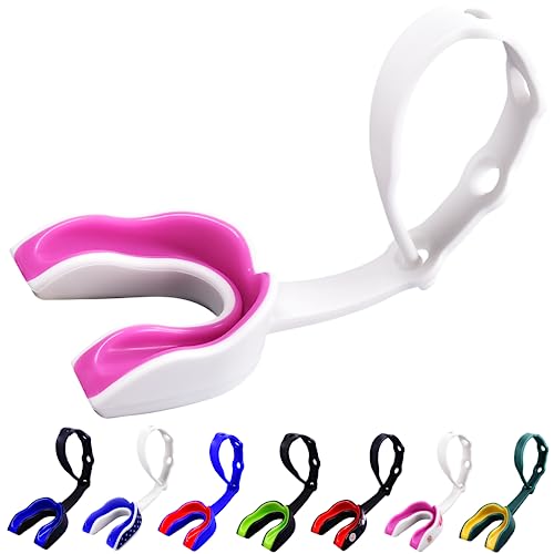 Oral Mart Strapped Mouth Guard for Football, Lacrosse, Ice Hockey, Taekwondo (USA Flag, Fangs, 15+ Colors to Choose from) - Sports Mouthguard with Fixed Strap (Strapped, Youth or Adult) - color: Pinky Lady, size: Youth (Age 12 & Below)