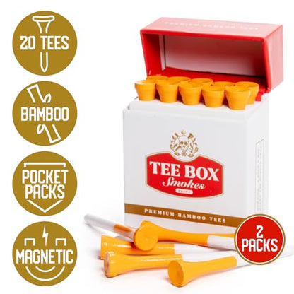 BRIMZ Tee Box Smokes Bamboo Golf Tees – Magnetic Reusable Tee Case – Funny Golf Gift & Golf Accessories – 20 Premium 2¾" Bamboo Tees (2 Pack - 20 Tees Total) - style: 2 Pack Smokes (20 Tees)
