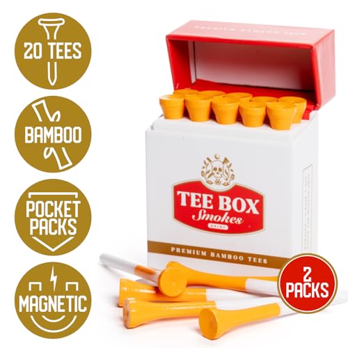 BRIMZ Tee Box Smokes Bamboo Golf Tees – Magnetic Reusable Tee Case – Funny Golf Gift & Golf Accessories – 20 Premium 2¾" Bamboo Tees (2 Pack - 20 Tees Total)