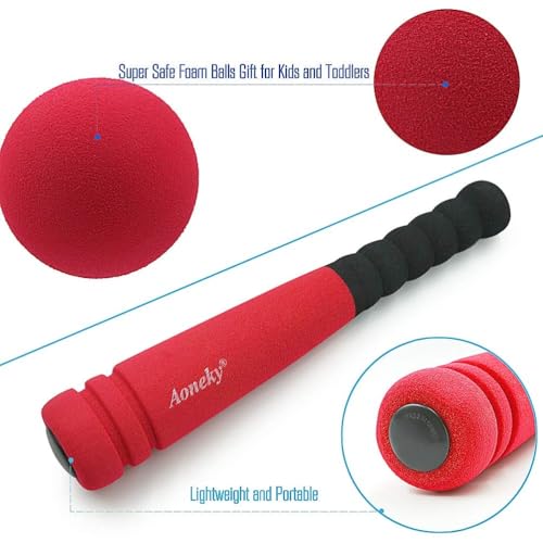 Aoneky 11.8 Inch Mini Foam Baseball Bat and Ball Set for Toddlers 1-3 Years, Soft & Safe First Bat, Lightweight T-Ball Bat for Boys Girls, Indoor Outdoor Sports Toy (Red)