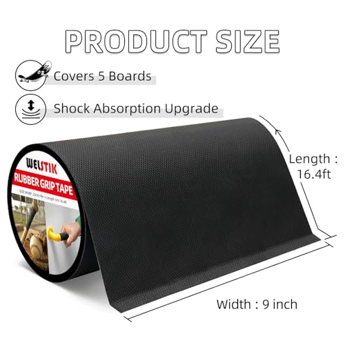 WELSTIK 9" x 16.4FT Rubber Skateboard Grip Tape - Extra Wide Anti-Slip Traction Sheet, Non-Abrasive Waterproof Grip Tape for Skateboard Decks, Scooters, Tool Handles, and Stairs - Black - size: 9inch*16.4ft