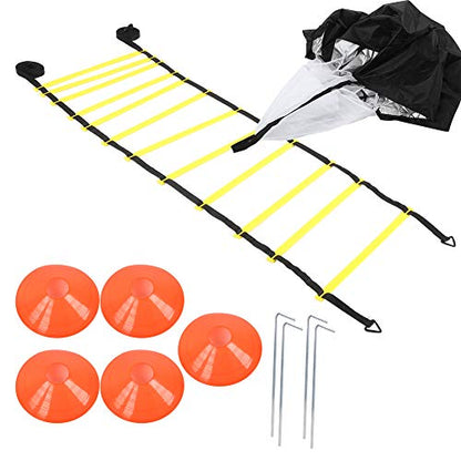 Agility Ladder, Speed Training Equipment Set, 19.7 Feet Long Rung Speed Ladder, Football Cones, Running Resistance Umbrella,