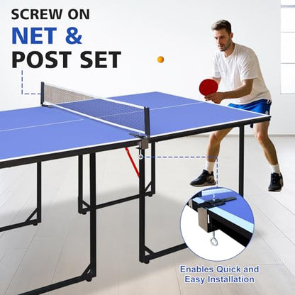 Foldable Ping Pong Table Portable 4.5FT/6FT/9FT Indoor MDF Table Tennis Table Multi-Purpose Family Game Table with Net, 2 Paddles and 3 Balls for Kid Teenager Adult - color: 6FT Blue Black
