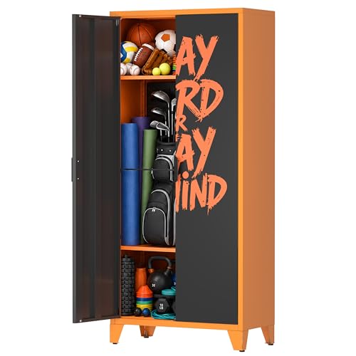Garage Storage Cabinet, Metal Sports Locker with 2 Adjustable Shelves, 2 Elastic Cords, 4 Pegboards & 5 Hooks, Golf Bag Storage Cabinet for Garage, Home, Gym, School, Office, Black&Orange - color: black-orange