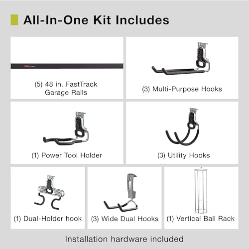 Rubbermaid 20-Piece FastTrack Garage Wall-Mounted Storage Kit 5 Rails and 15 Hooks for Home/House/Tool/Sports/Utility Purposes - size: 5 Rails, 15 Hooks