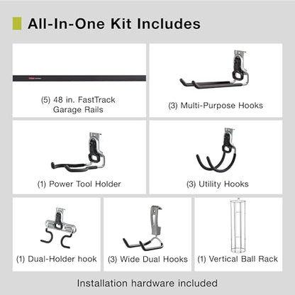 Rubbermaid 20-Piece FastTrack Garage Wall-Mounted Storage Kit 5 Rails and 15 Hooks for Home/House/Tool/Sports/Utility Purposes - size: 5 Rails, 15 Hooks